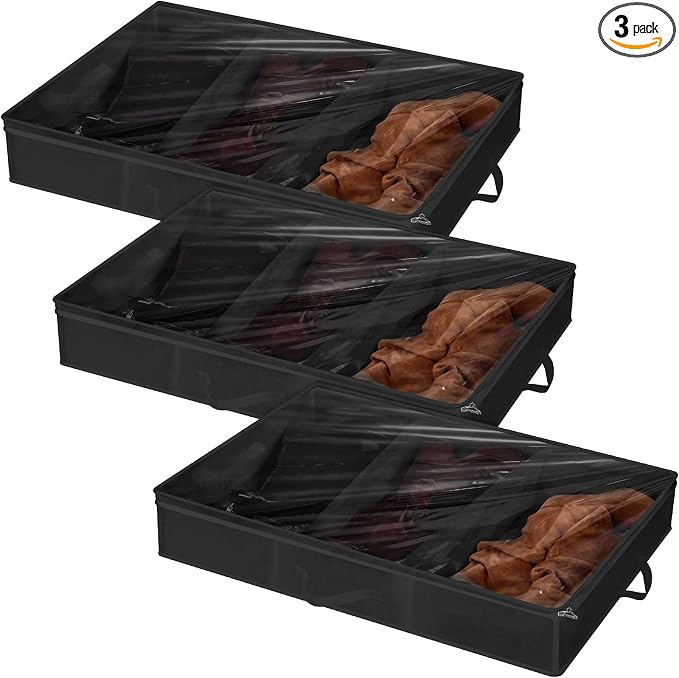 SATINIOR 3 Pcs 3 Section Under Bed Shoe Storage Boot Bag Black Underbed Shoe Organizer with Large Clear Pockets Fabric for Storage Men's and Woman's Boots