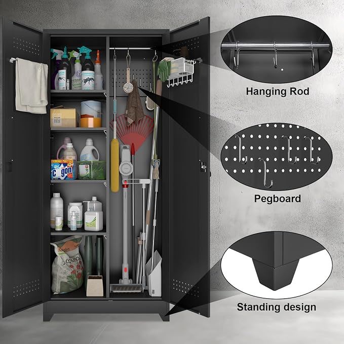 Metal Locking Cabinet, 72.8" Tall Storage Cabinet for Broom, Garage Storage Cabinet with Doors and Shelves, Heavy Duty Tool Cabinet for Home Office, School, Basement,Gym