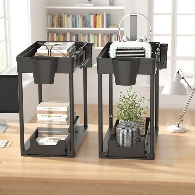 2 Pack Under Sink Organizer, 2 Tier Cabinet Organizer for Bathroom & Kitchen with Sliding Basket, Multi-Purpose Under Sink Organizers and Storage, Black