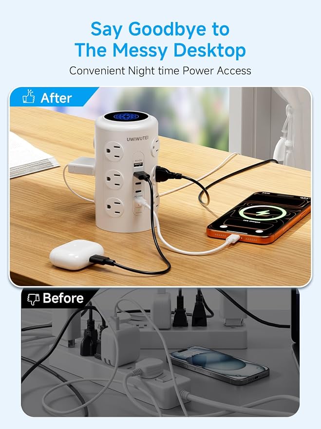 Tower Power Strip with 1 Dedicated PD 20W Fast-Charging Port, 12 Outlets, 5 USB Ports (3 USB-C), Desk Charging Station for Multiple Devices, 6FT Extension Cord, Home Office Essentials