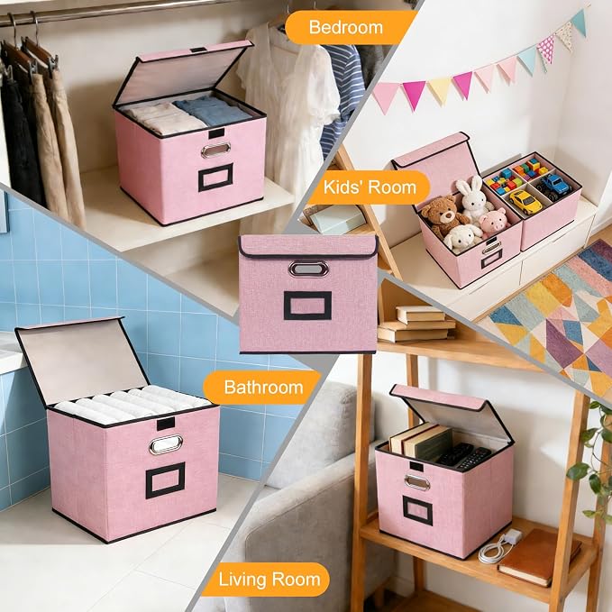 Large Square Storage Bin with Lid, Foldable Organizer Box with Handles & Label Design, for Office, Closet, Home, Documents, Pink, 12.20 x 10.63 x 10.63 Inches, 2 Pack