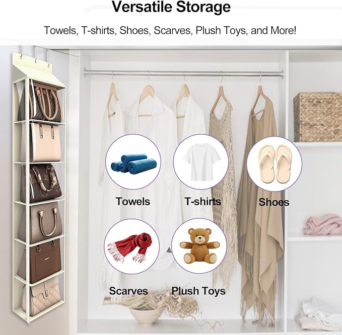 Lirex Over The Door Purse Organizer & Purse Shelf for Closet – Handbag Storage Organizer with Purse Hanger. Perfect for Scarves, Hats, and Leggings. L (15.7'' x 5.7'' x 68''), Cream White