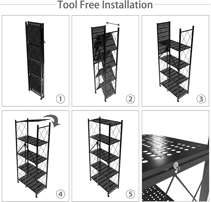 5 Tier Folding Shelf with Wheels,Metal Steel Collapsible Shelves,No Assembly Portable Shelves Organizer Rack,Rolling Standing Utility Rack for Kitchen, Pantry, Office, Black