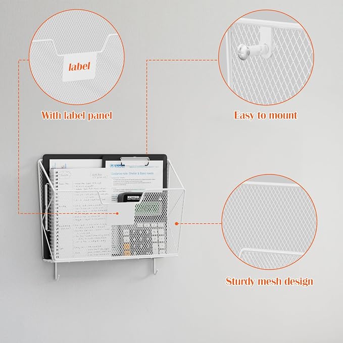 OYEAL Hanging Wall File Organizer Holder 3 Pack Mesh Wall Mounted Magazine Holder with Hooks, Metal Wall Document Pocket Mail Organizer for Office/Home Organization and Storage, White