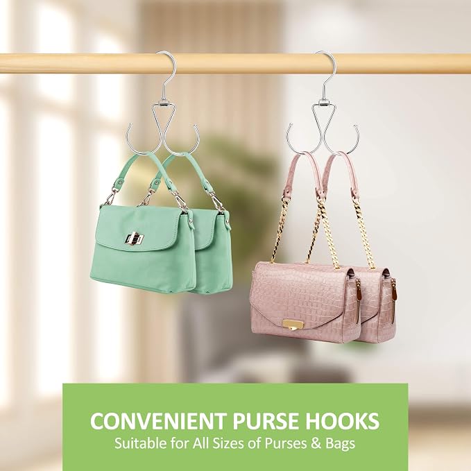6 Pack Purse Hanger for Closet, 12 Storage Capacity Rotatable Purse Hooks, Hanging Backpack Bag Holder, Closet Organizers and Storage, Silver