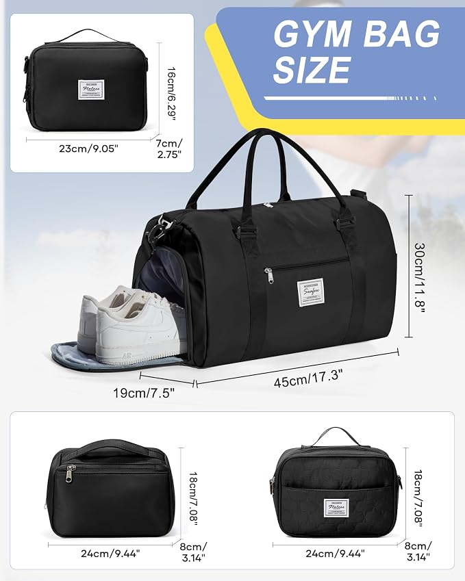 Gym Bag Womens Mens with Shoes Compartment Travel Duffel Bag for Women for Plane Sport Gym Tote Bags Swimming Yoga Weekend Overnight Carry on Bag Hospital Holdalls 4Pcs Set Black