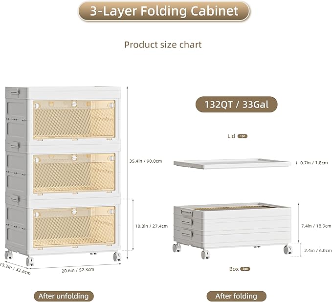 132 QT / 33 Gal Multi-Purpose Foldable Storage Cabinet - Transparent Dual Doors with 3-Stage Locking System, Heavy Duty Wheels, Simple Pull-to-Open Mechanism for Home/Office/Garage Organization