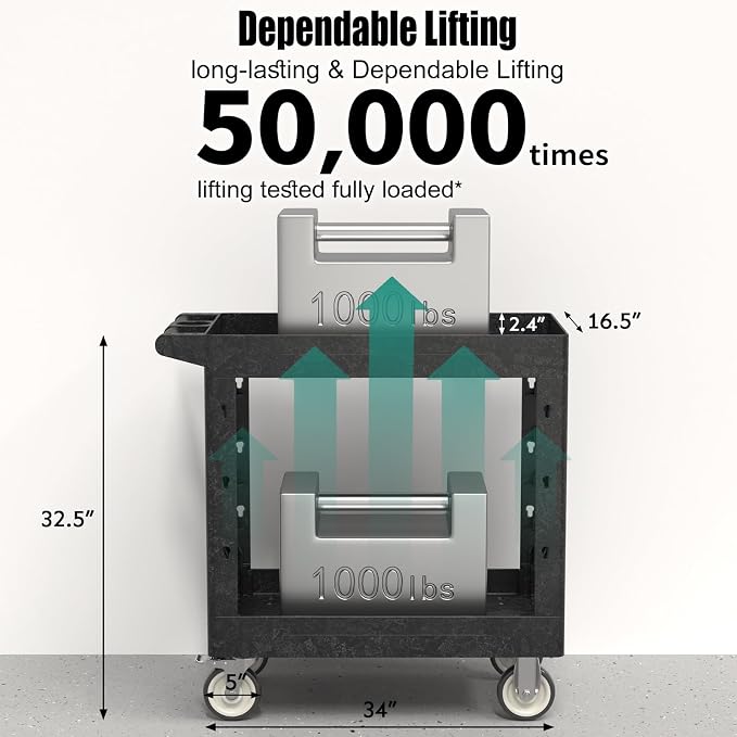 Plastic Utility Cart on Wheels, 34 x 17 Inch Rolling Service Cart-Black | 2 Shelf Work Carts, 500 lbs Capacity Heavy Duty Tool Cart W/Tub Storage & Deep Shelve, for Warehouse, Garage, Cleaning