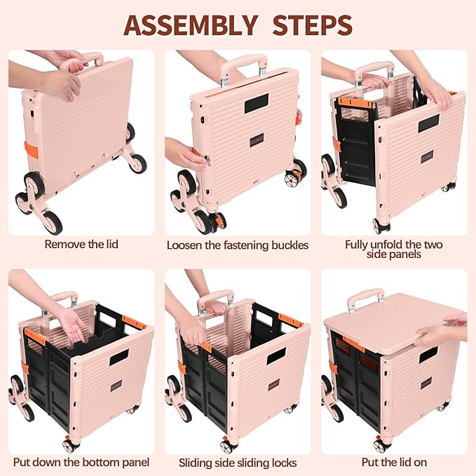 SELORSS Foldable Utility Cart Collapsible Crate Rolling Carts with Stair Climbing Wheels Rolling Tote Basket Teacher Cart with Lid Wear-Resistant 360°Rotate Wheel Noiseless for Shopping Grocery Office