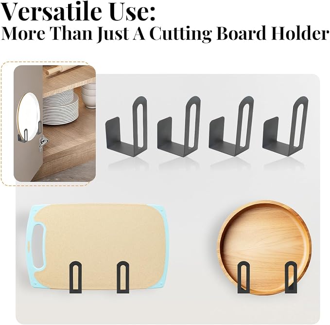 Under Cabinet Cutting Board Holder, 4 Pack Cutting Board Organizer for Cabinet, No Drill Pot Lid Rack for Slim Boards, Baking Sheets, Trays, Stainless Steel