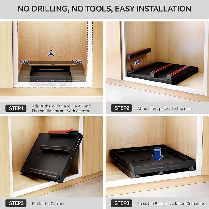 Pull Out Cabinet Organizer With Raising Pad for Framed Cabinets,Adjustable Depth(12.8"-17.5") And Width(14.8"-20.5"),Slide Out Drawers,No Drill Design,Heavy Duty Storing,Black