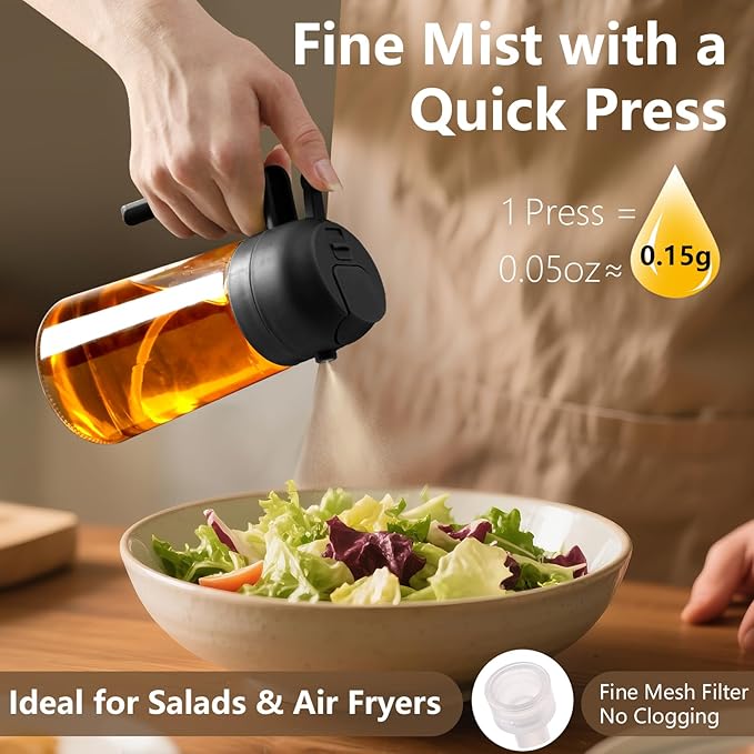 SWEET VIEW 2PCS Oil Sprayer for Cooking 16oz/470ml | Glass Oil Dispenser/Pour Bottle, Kitchen Accessories, Kitchen Gadgets for Air Fryer, Salad, BBQ, with Stickers (Black,Black)