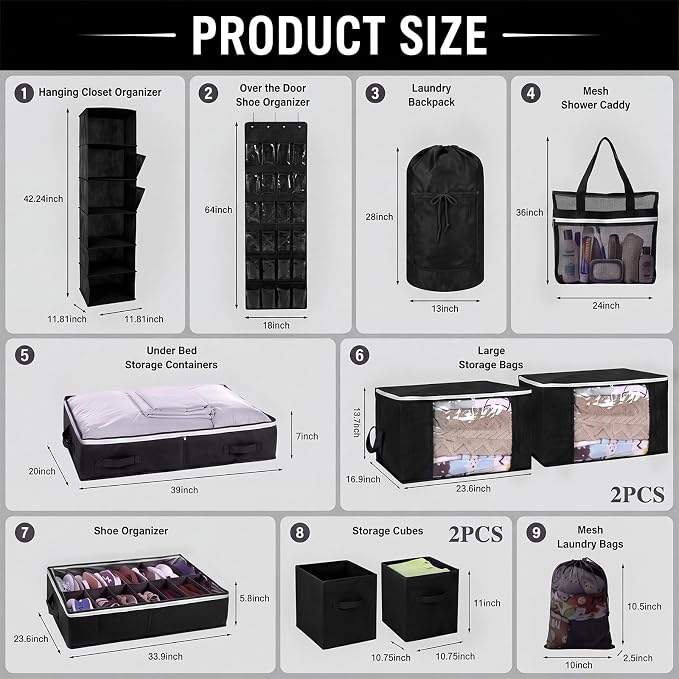 Briwooody 11 Pcs College Dorm Storage Set, Dorm Organizer Kit with Closet Organizer, Over Door Shoe Rack, Under Bed Storage Bags, Laundry Backpack, Shower Caddy, Collapsible Bins(Black)
