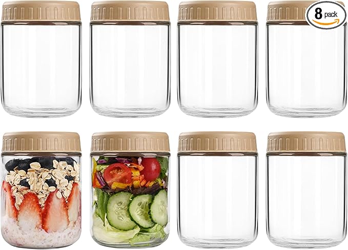 SHOWIN Overnight Oats Containers with Lids, 16oz Glass Jars with Lids 8 pcs, Taffy, Wide Mouth Mason jars for Salad, Yogurt, Snacks, Meal Prep