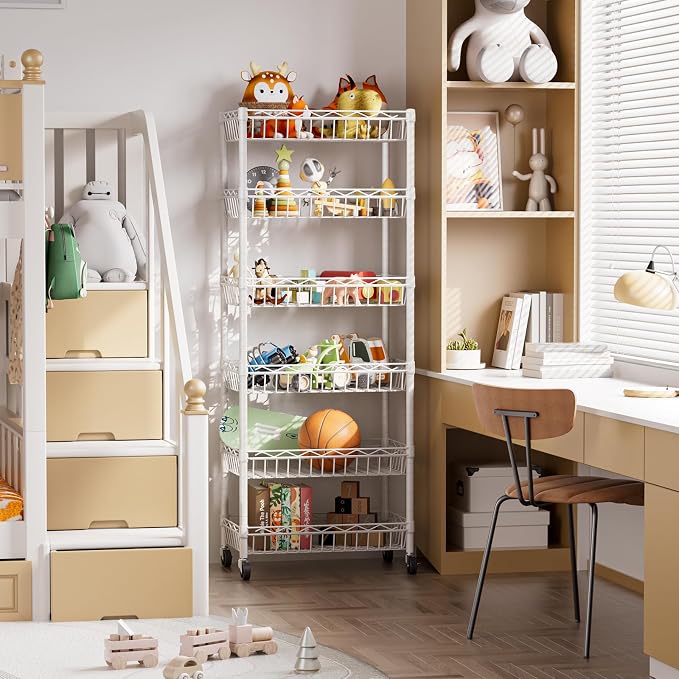 SINGAYE 6 Tier Shelf Wire Shelving Adjustable Storage Shelves Basket Rack | Adjustable Shelves with Wheels Metal Storage Unit Closet Bathroom Organizers Pantry Kitchen Garage Laundry Room White