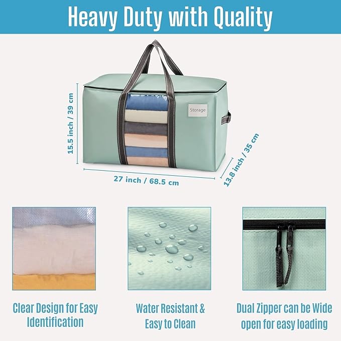 VENO 2 Pack Moving Bags with Clear Window, Heavy Duty Storage Bins with Lid, Around Handles, Tag, Zippers, Extra Large Totes Packing Moving Boxes Supplies for College Dorm Clothes (Light Green)