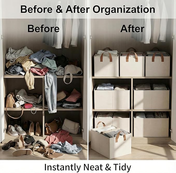3 Pack Storage Bins Fabric Collapsible Organizers with Handles Sturdy Canvas with PP Board 17.9”x 11”x 7.9” Beige Foldable Storage Box for Closet Shelves, Books, Toys, Clothes, Office Organization