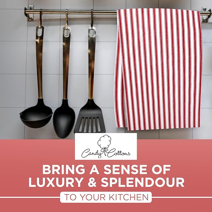 Stripe Kitchen Towels With Hanging Loop - Boho Absorbent Dish Towels Set of 3 - Reversible Reusable 18x28 Inch - Spring French Stripe Red - Festive Gift
