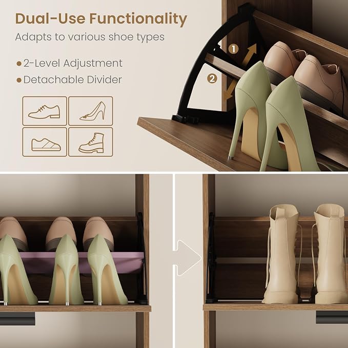 Shoe Cabinet Organizer with 3 Flip Drawers, Freestanding Shoe Storage Cabinet, Adjustable and Removable Dividers, 23.6"W x 8.7"D x 47.2"H Narrow Shoe Rack for Entryway, Foyer, Hallway, Walnut