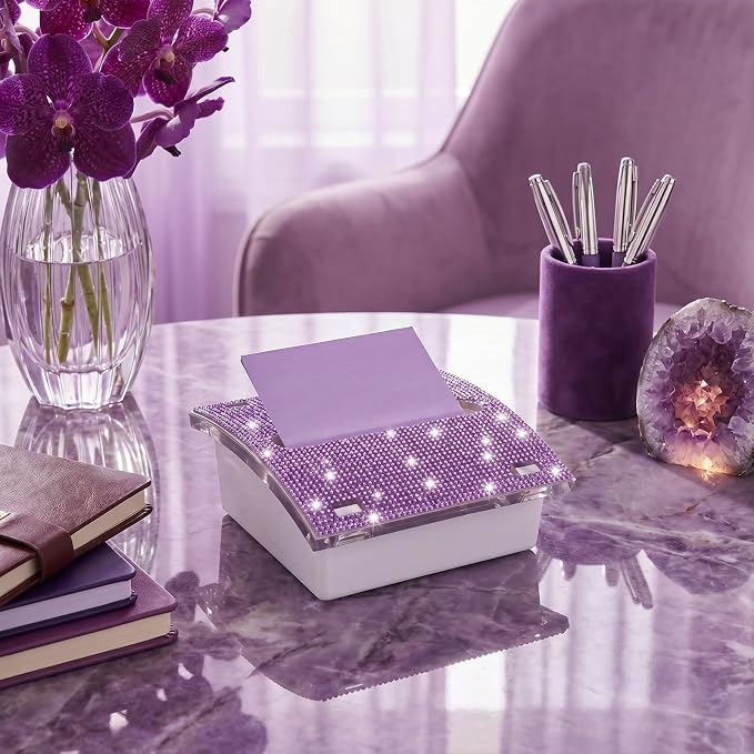 Pop up Post it Notes Dispenser,Rhinestone Self Sticky Note Holder,Sticky Note Dispenser,Post it Note Holder,Cute Purple Desk Accessories for Office Supplies,Office Desk Decor(White Purple)