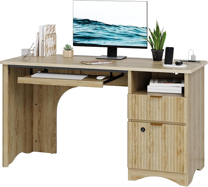 Bestier 55" Desk with Fingerprint Lock & Charging, Keyboard Tray, Oak | Partitioned Storage & Cable Management,Oak,Easy Assembly,Fingerprint Drawer Lock,Wear-Resistant Easy-Clean Desktop & Drawers