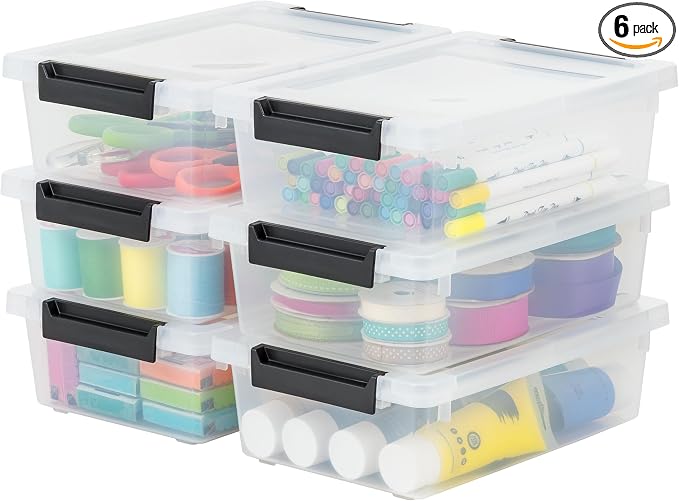 IRIS USA 2 Qt. Craft Storage Bins with Lids, 6-Pack, |Made in USA|, Clip Box, Small Plastic Sensory Bin Tote Organizer Containers for Art Supplies, Paper, & Office, Stackable - Clear/Black