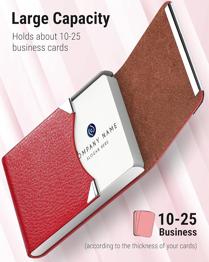 MaxGear Business Card Holder, PU Leather Business Card Case, Red | Stainless Steel Interior, Magnetic Closure, RFID Blocking, Holds 15–25 Standard Business Cards