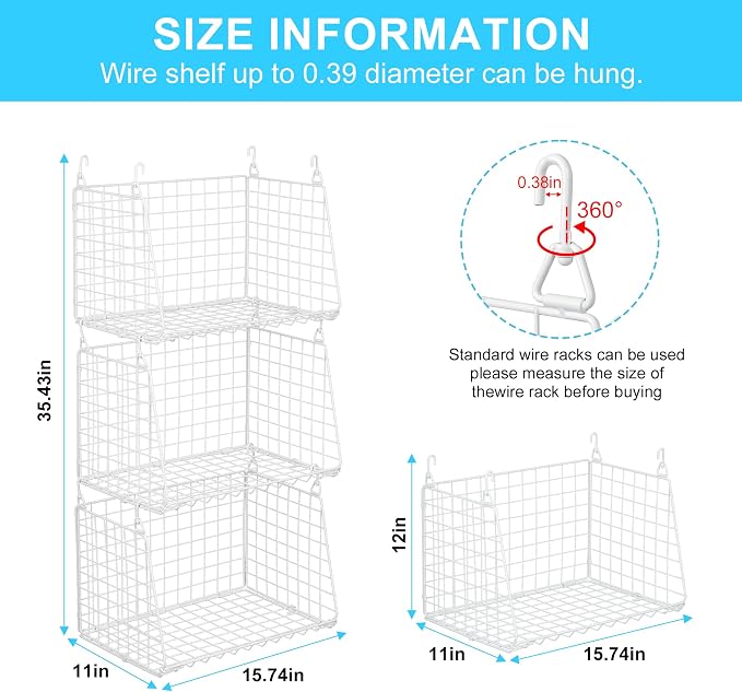 3-Pack Large Hanging Laundry Basket: Wire shelves for Laundry Room Organization with 360°Rotating Hooks Foldable Space Saving Over Washer and Dryer Shelves -Metal Laundry Basket Holder, White Patent