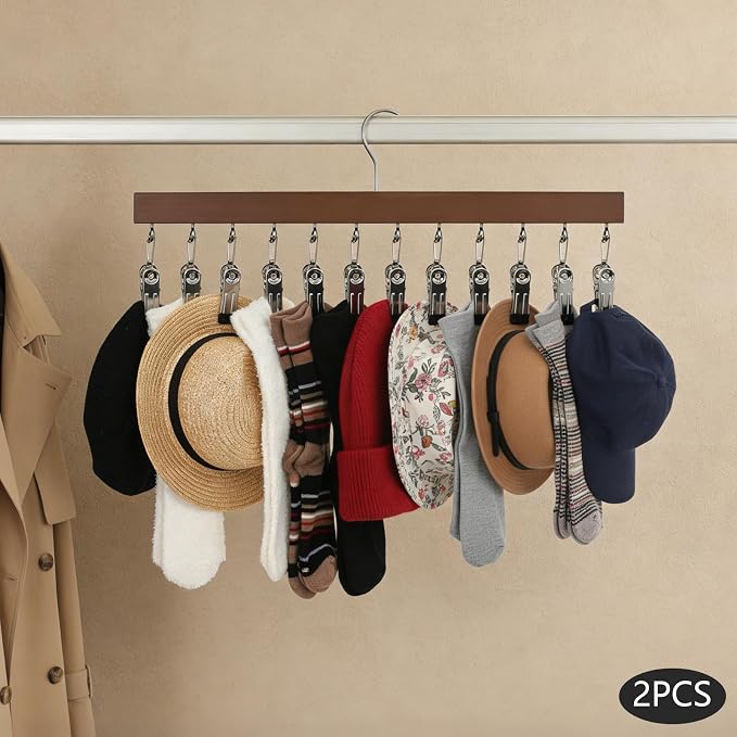 2 Pcs Closet Organizer with 12 Clips, Space Saving Hanging Closet Organizer Wood Hangers with Clips for Pants Hats Scarves Socks