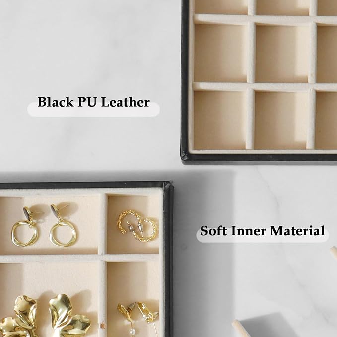 Large Jewelry Organizer Tray 2 Pack, Stackable Jewelry Storage Holder for Drawer Inserts, PU Leather Velvet Jewellery Display Case for Earring Bracelet Necklace Ring (Black Beige, 40 Grids)
