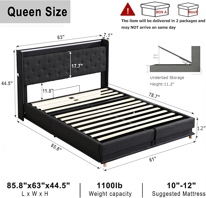 Ailisite Lift Up Storage Bed Queen, Bed Frame Queen Size with Charging Station&Led Lights, Upholstered Platform Bed with Wingback Storage Headboard, Hydraulic Lift System,No Box Spring Needed,Black | Lift up storage, breathable material