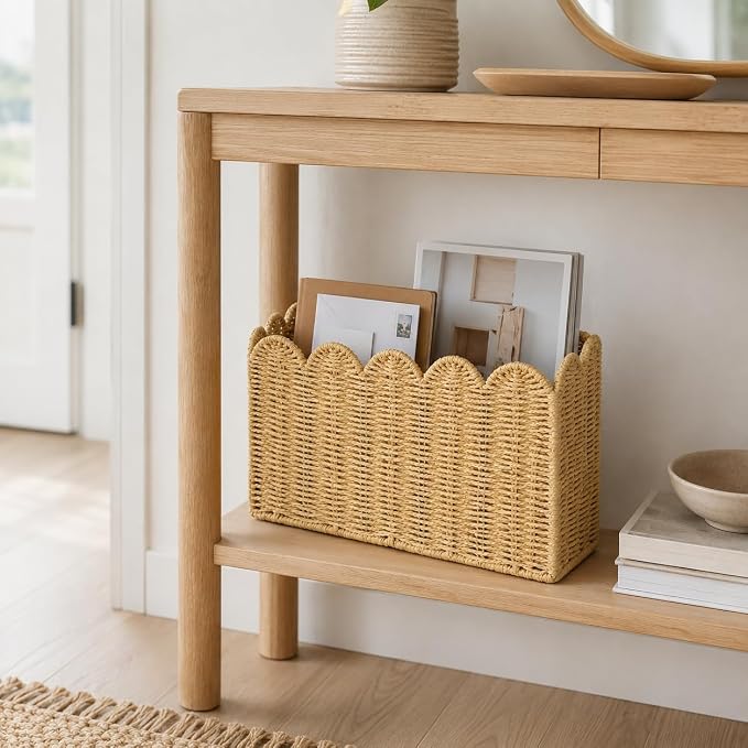 Paper Rope Magazine Holder, Tall Narrow Scalloped Basket | Handwoven Paper Rope Narrow Basket for Magazine Storage, Book basket, Mail Organizer, File Holder 15"L x 6"W x 11"H