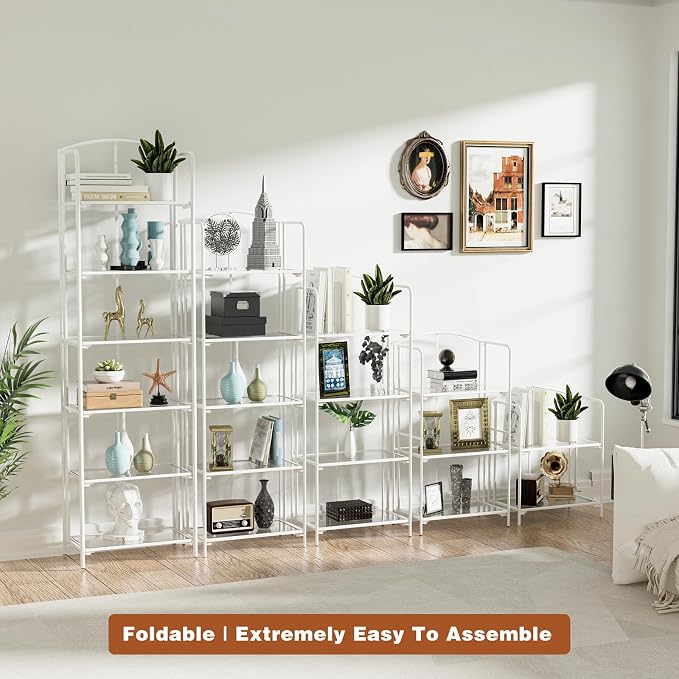 Crofy 3-Tier Foldable Bookshelf, White Frame & Transparent Shelves | No-Assembly Collapsible Portable Storage Organizer; Sturdy Transparent Shelves; Ideal for Living Room & Home Office