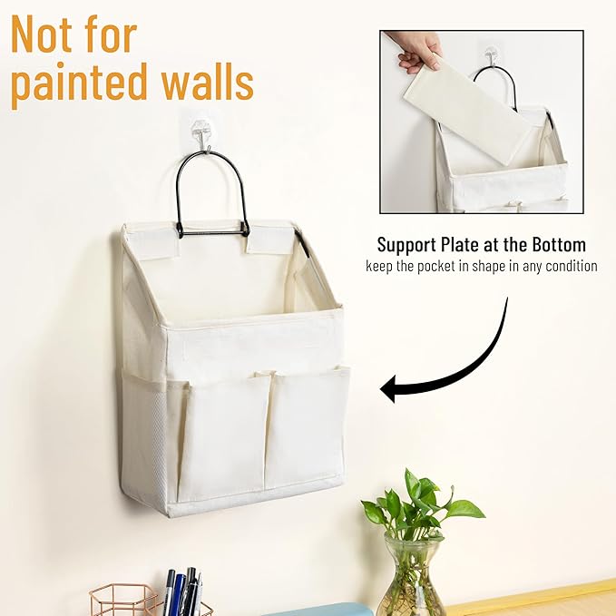2pcs Wall Hanging Storage Bag, Small Door Closet Linen Fabric Pockets Organizer, Waterproof Multi Functional for Living Room Bedroom Bathroom Kitchen RV Camper with Hooks All White