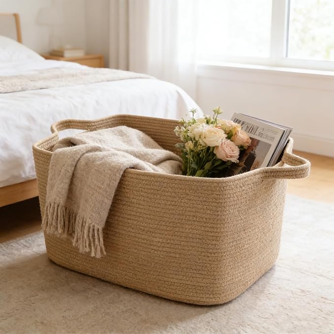 96L Extra Large Cotton Rope Laundry Basket with Sturdy Handles | 24x16x15 Foldable Rectangular Blanket Basket for Toys, Clothes & Pillows,Ideal for Nursery, Bathroom, Bedroom, Living Room