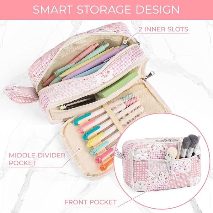 WOBAGMEN Quilted Pencil Pouch for Girls Women, Large Pencil Case Pouch with Compartments Cute Aesthetic Pencil Case Organizer, Floral Pencil Bag for School Supplies (Pink Patchwork)