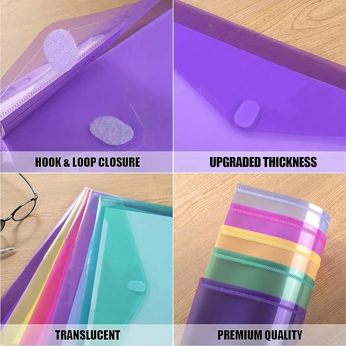 Sooez 6 Pack Plastic Envelopes File Folders, Plastic Folders with Safe Closure, Colored Folder for Documents Organizer Letter/A4 Size, Clear Filing Folder for Office School Supplies Storage, 6 Colors