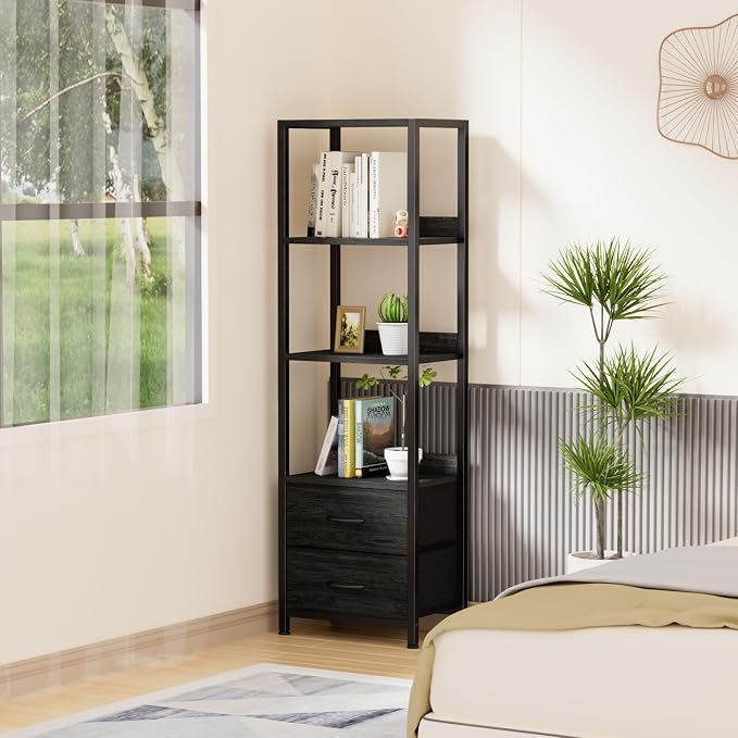 Furnulem 4-Tier Corner Shelf, Bookshelf with 2 Storage Drawers, 57.28”Tall Narrow Bookcase, Standing Shelf Organizer Unit for Living Room, Bedroom, Metal Frame, Wood Display Shelf | 57.28”Tall Bookcase for Bedroom,Living Room,Display Cabinet with Metal...