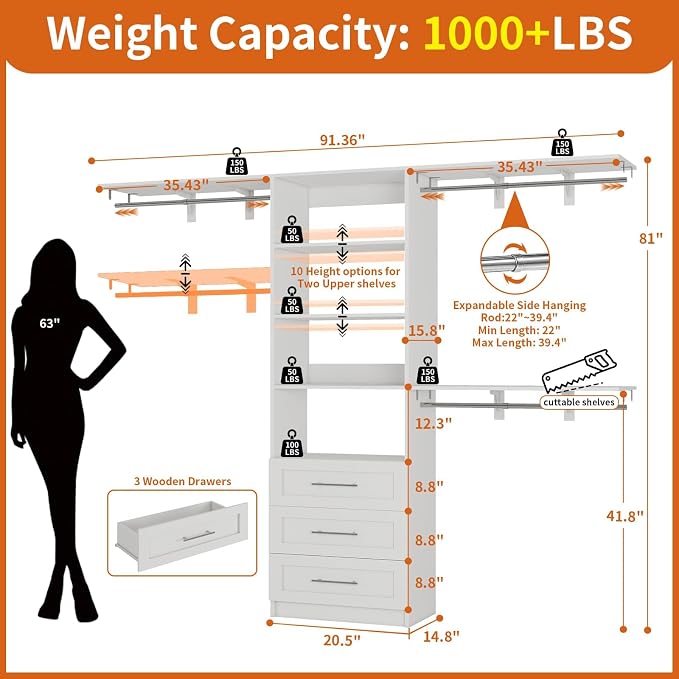 Closet System with Drawers, 4-8FT Closet Organizer System with Cuttable Shelves & 3 Expandable Hanging Rods, 96” Walk in Closet Organizer Storage System, Modular Closet Systems Adjustable, White