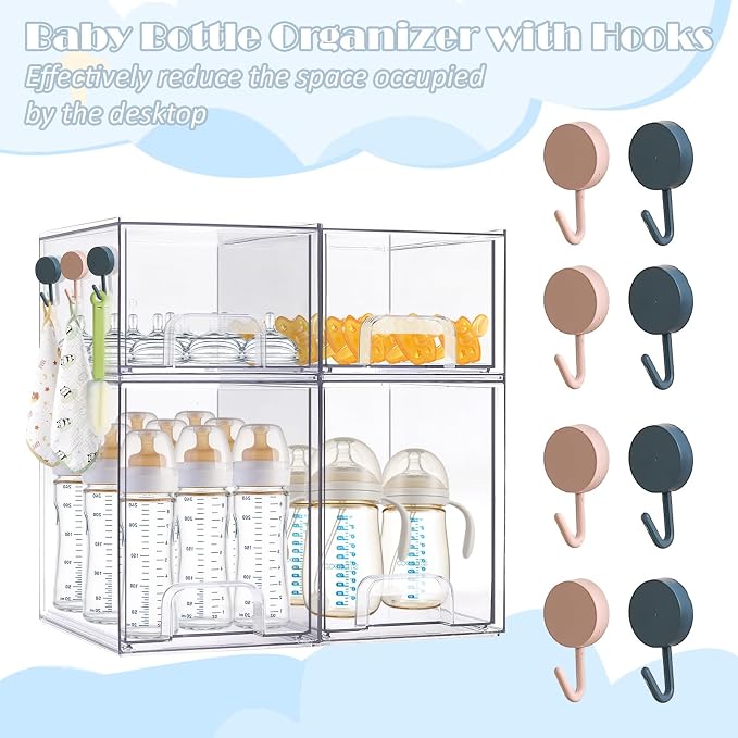Baby Bottle Organizer with Hooks - 4 Pack Stackable Storage Drawer | Baby Bottle Organizers and Storage, Clear Acrylic Multipurpose Bottle Storage for Countertop