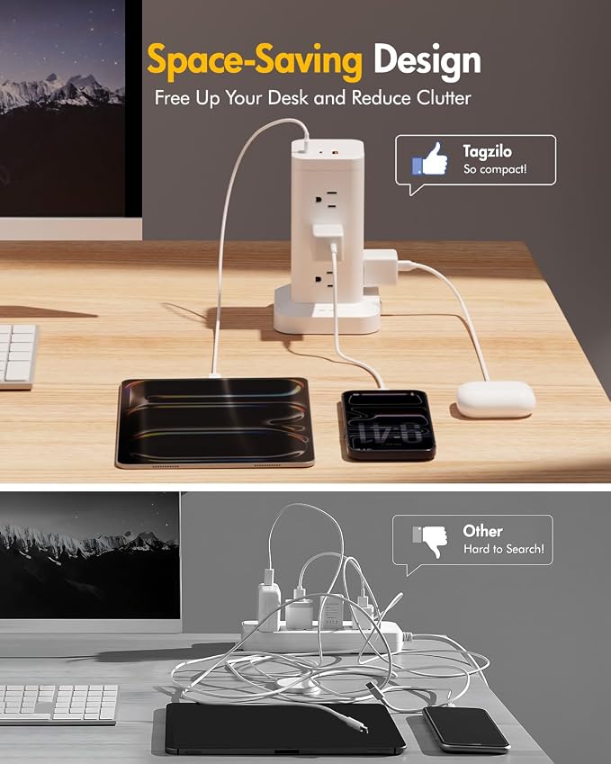 Power Strip Tower with Surge Protector 1800J, Fast Charging Tower PD20W USB-C Ports with 12 AC Outlets, Extension Cord for Home Office Dorm Room, 9.8ft, White