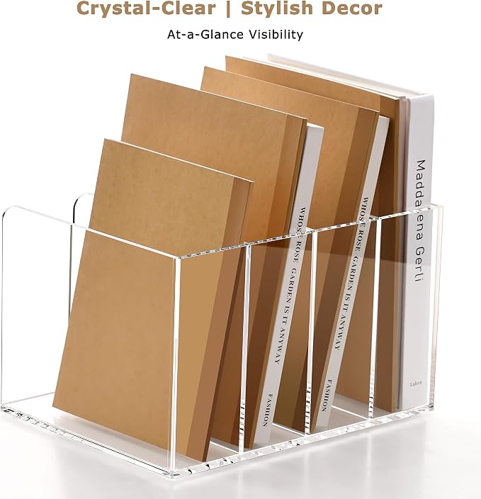 YUXUN Clear Acrylic Magazine File Holder, 4 Compartment Vertical Desk Organizer, 5mm Thick Document Sorter with Non-Slip Base, No Assembly for Office Home Classroom, Holds Binders, Books, Tablets