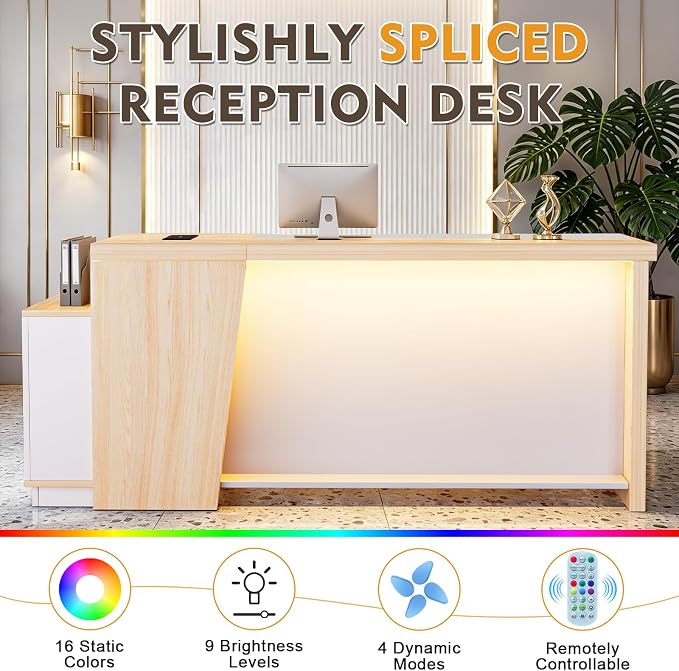 Ceridwen L-Shaped Large Wooden Reception Desk with LED Ambient Light, Power Outlet & Lockable Drawers, Modern Corner Office Desk with Storage & Charging Station for Home Office & Business