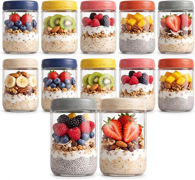 16oz 12-Pack Glass Overnight Oats Jars Containers with Airtight Leakproof Lids, Reusable Mason Jars for Meal Prep, Yogurt Parfaits, Smoothies, Salads & Healthy Breakfasts (D-16oz 12-Pack)