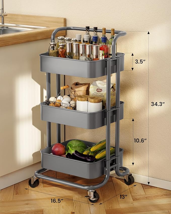 Pipishell 3 Tier Rolling Cart, Metal Utility Cart with Wheels and Handle, Rolling Storage Cart for Nursery Room, Living Room, Painting Room, Office and Kitchen, Grey