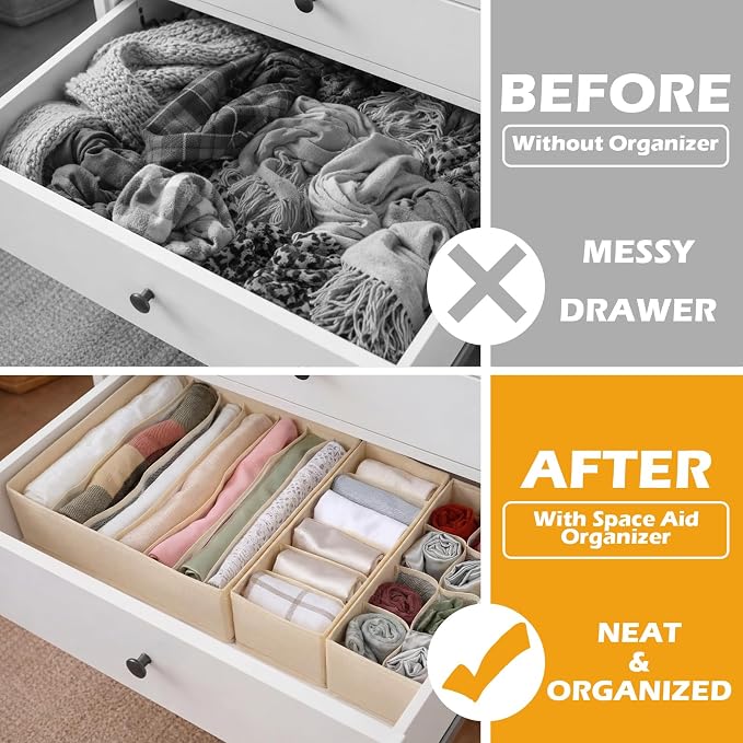 Soft Scarf Organizer for Closet Drawer 3 Set Fabric Storage Bins with 6, 7, and 8 Compartments for Scarves and Accessories Space Saving Closet Organizers Non Damaging Flexible Storage for Home (Beige)