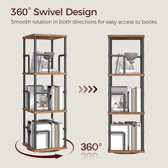 MAHANCRIS 3-Tier Rotating Bookshelf, Freestanding Corner Bookshelf, 360° Spinning Bookcase, Industrial Style Storage Rack with Rails, for Living Room, Bedroom, Study, Rustic Brown and Black BKHR1401