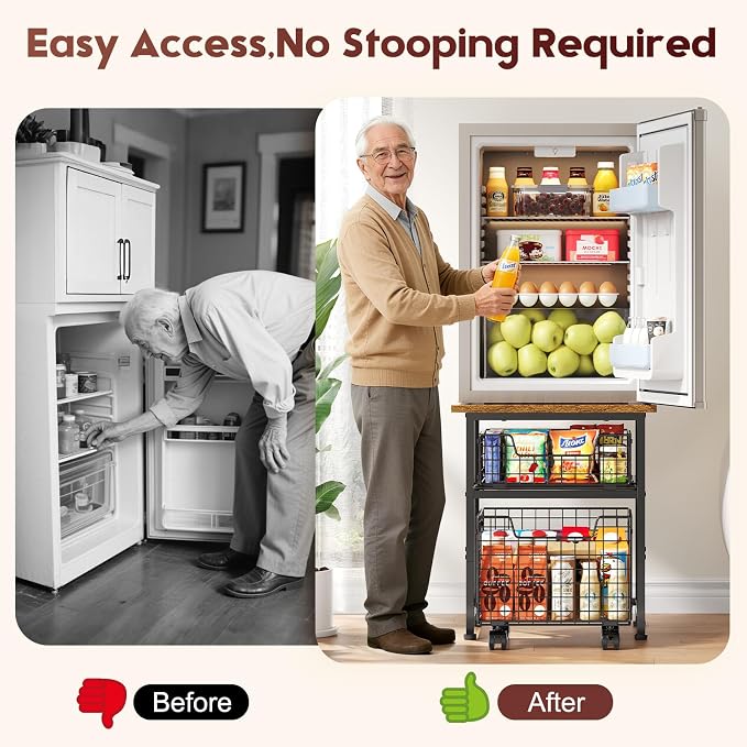 Mini Fridge Stand with Storage, Small Refrigerator Stand with 2 Drawers, Mini Fridge Shelf Cabinet-Max Load 350 LBS Heavy Microwave Stand Mini Fridge Cart for Dorm, Apartment, Kitchen, (Brown)