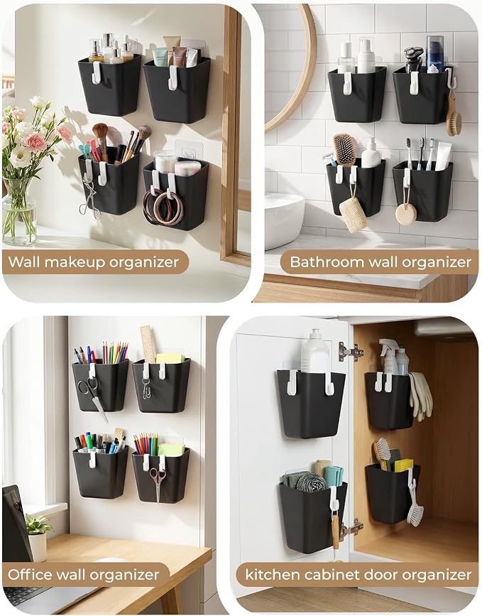 4 Pack Rolling Cart Accessories, Black Craft Cart Cup Holder and 6 Hooks for Utility Carts, Adhesive Kitchen Cabinet Door Storage, Space-Saving Wall Mount Organizer for Bathroom, Office, Makeup