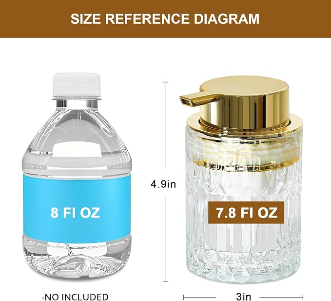 RYTOXILO Foaming Soap Dispenser, Gold Glass Foam Hand Soap Dispenser for Bathroom, Refillable 7.8 Fl Oz Foamy Pump Bottle with Plastic Golden Pump, Modern Dish Soap Foam Dispenser Container